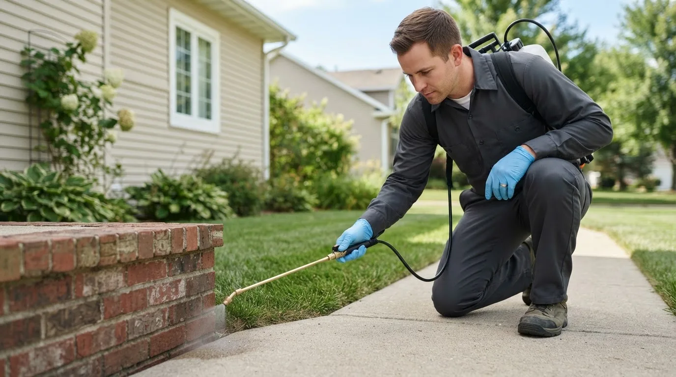 Pest control technician treating a home near Utica, IL