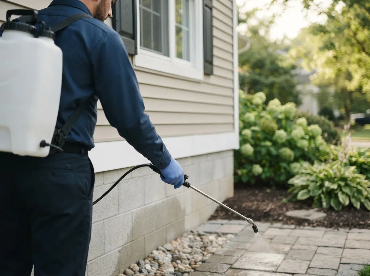 Pest control technician inspecting a home in Utica, IL